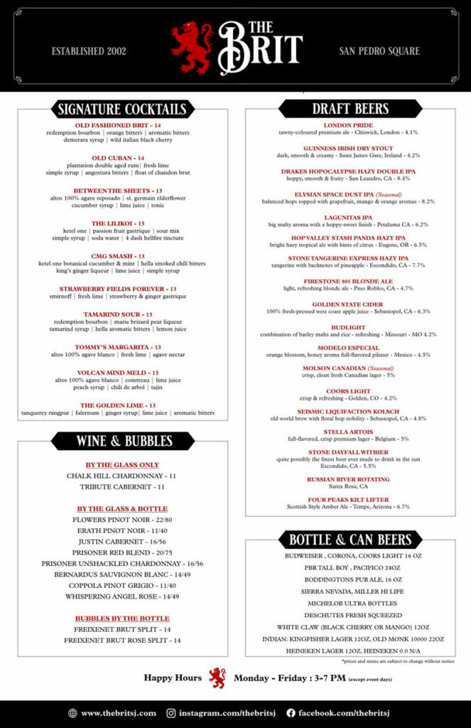 drinks menu at the brit sports pub