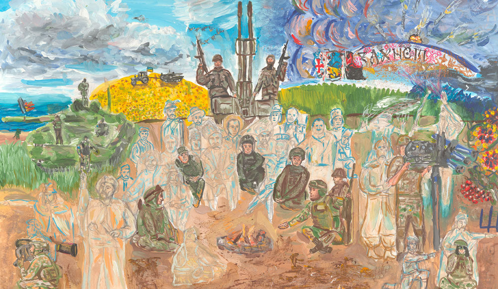 Drawing of soldiers side by side with figures from Ukrainian history