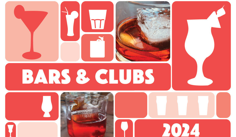 Colored boxes with silhouettes of cocktail glasses plus photos of cocktails