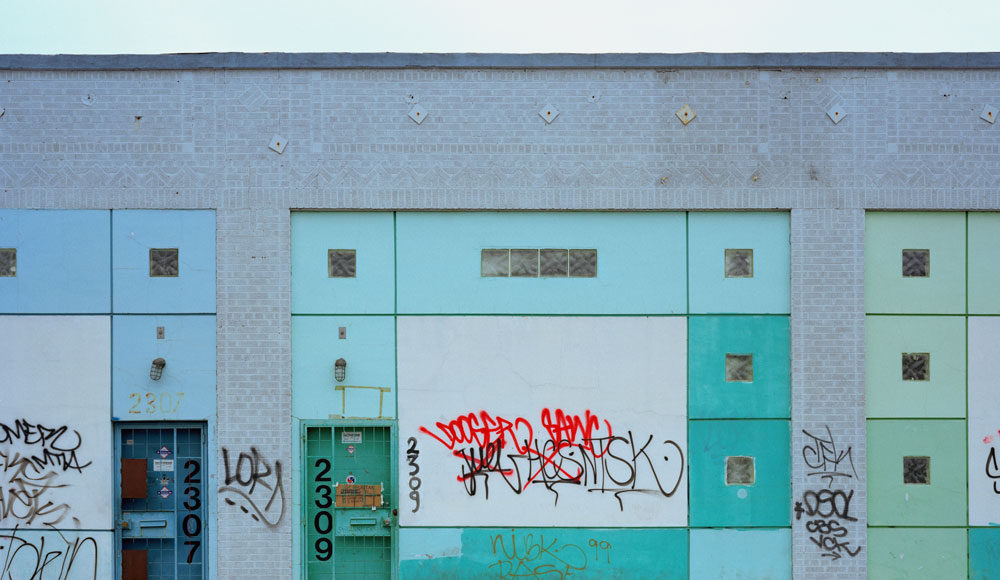 Outside building wall wiht colored rectangles