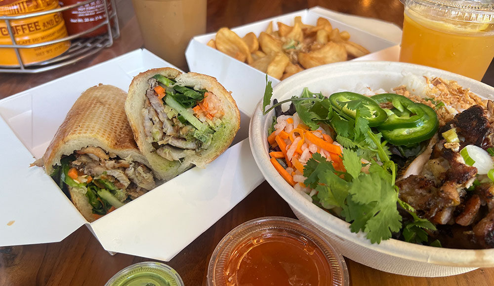 Table with three dishes of food