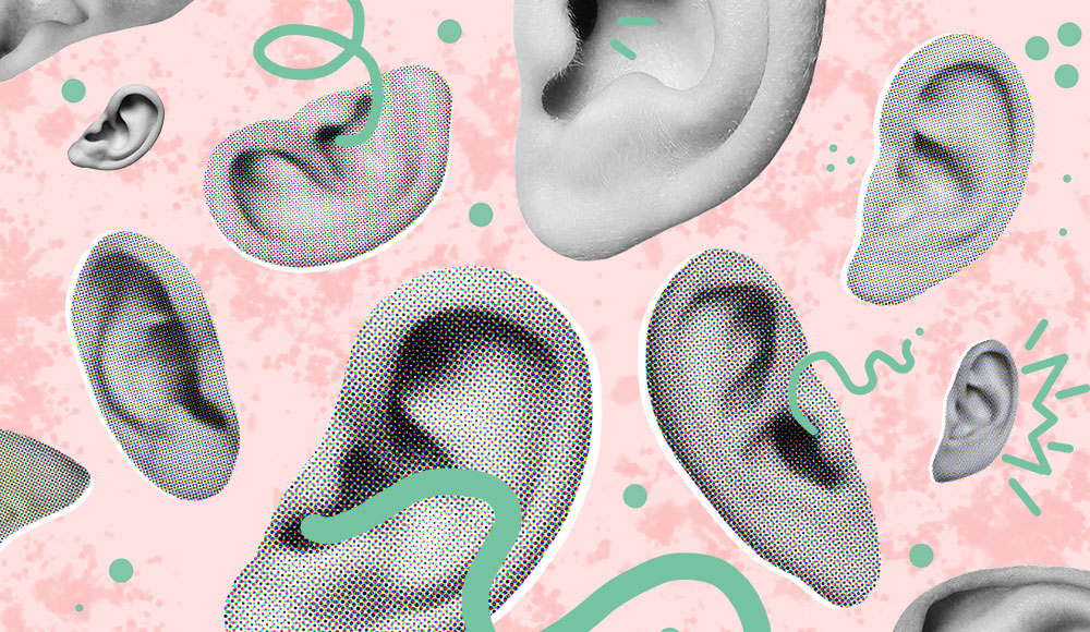 Illustration of detached ears floating on a pink background