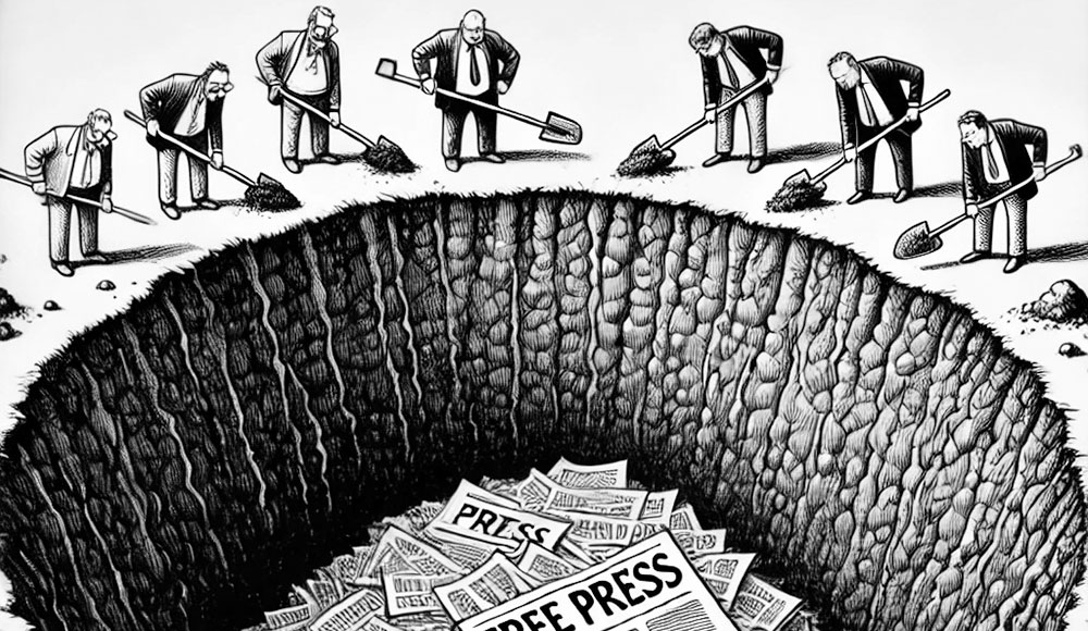 Cartoon of a bunch of men in suits burying a giant newspaper that says 