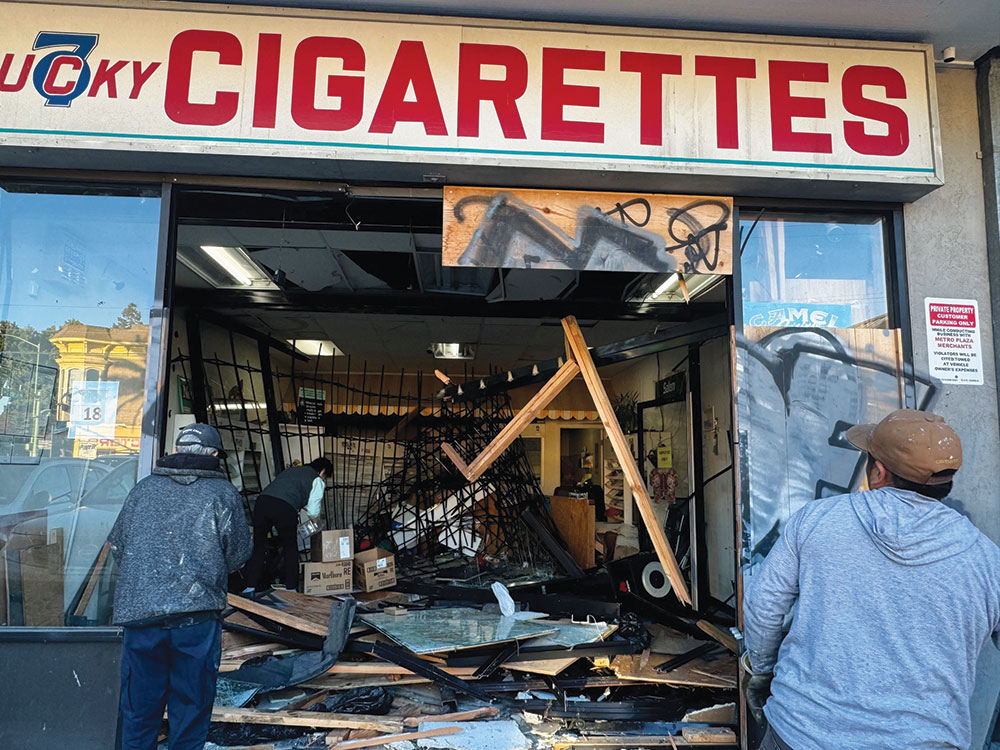 Destroyed exterior of a cigarette store