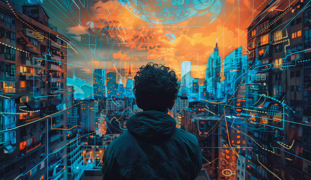 Person seen from the back looking over an imaginary cityscape