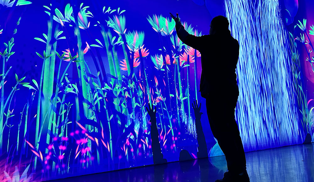 Man in silhouette looking at neon-bright images of flowers projected on the wall