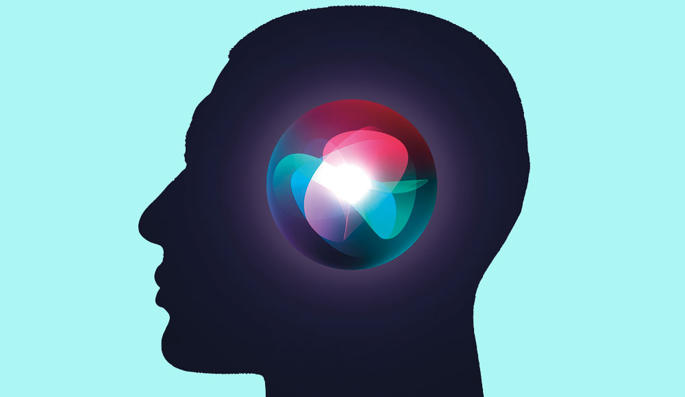 Silhouette of a head with a graphic image that looks like the Siri icon