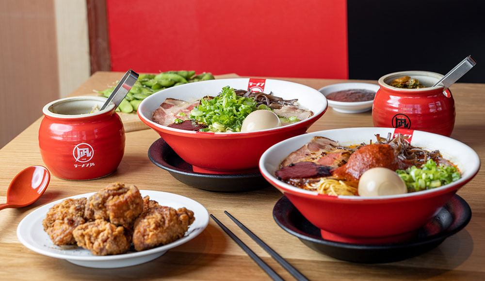 Ramen dishes on a table
