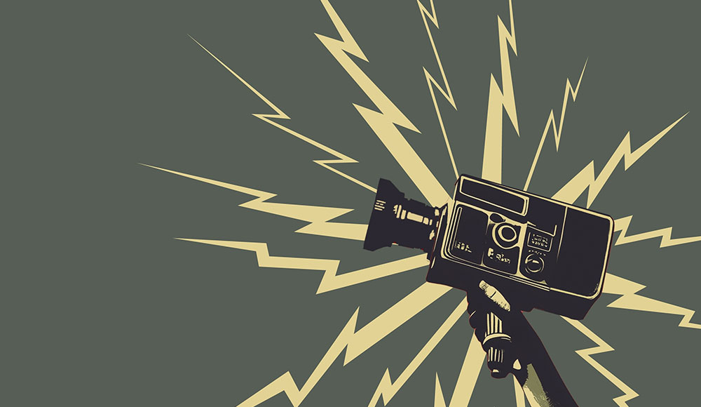 Illustration of camera surrounded by lightning bolts
