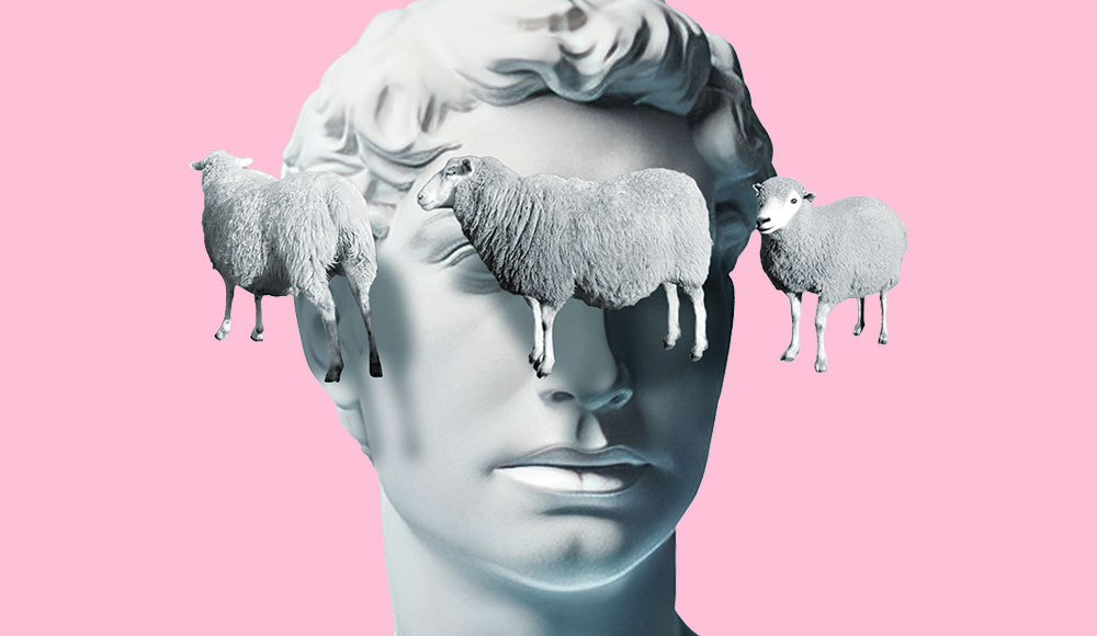 Sheep floating around the head of a Greek statue