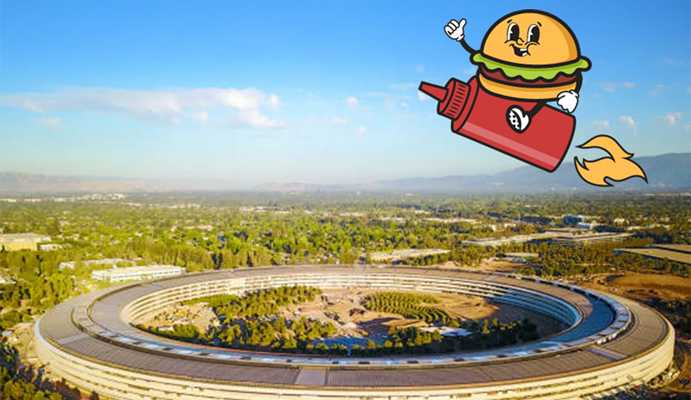 Cartoon burger on a ketchup-shaped rocket flying over Apple HQ