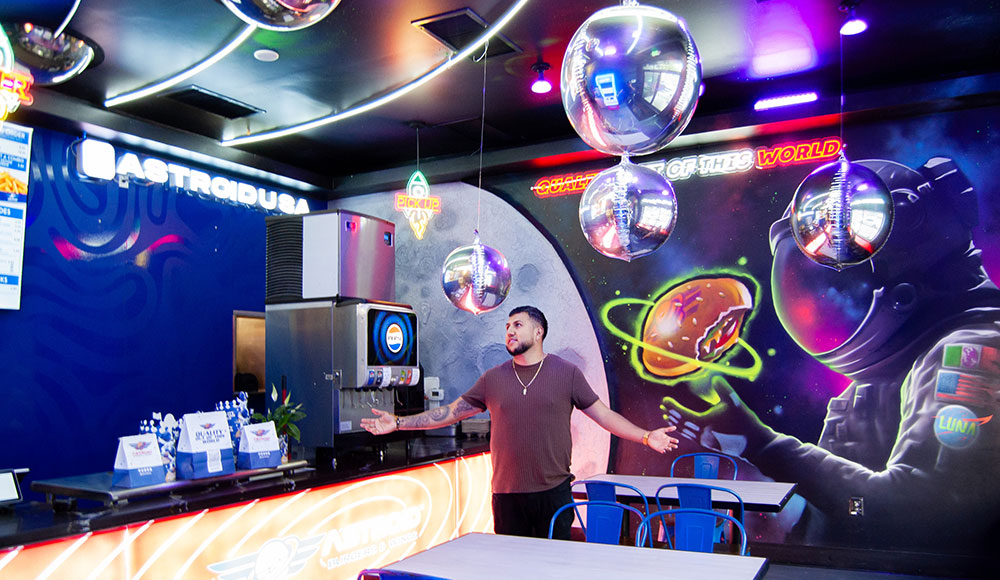 Space-themed decoration in fast-food restaurant