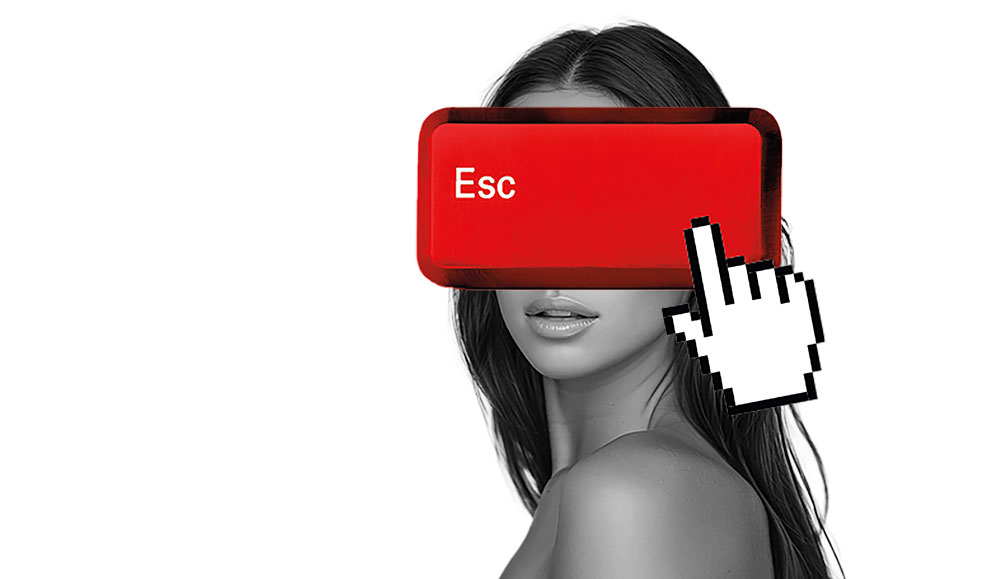 Woman's head behind a red box that says 