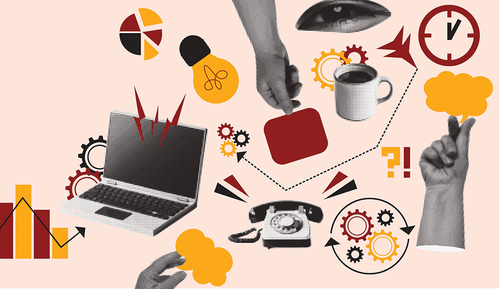 Collage of hands and various other items floating on a pale pinkish background