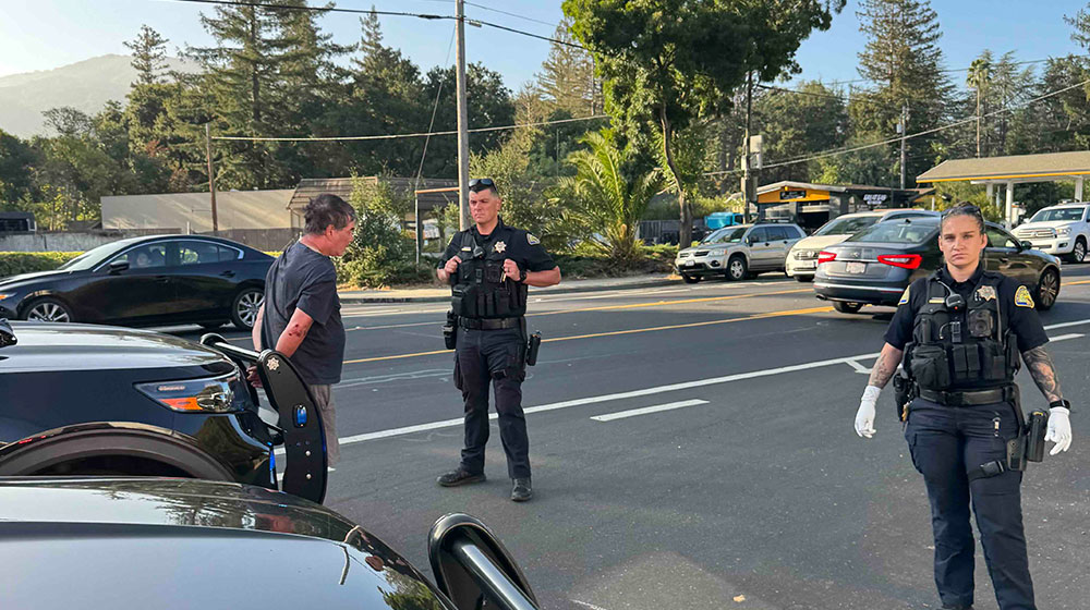 Police detaining a man on a suburban street