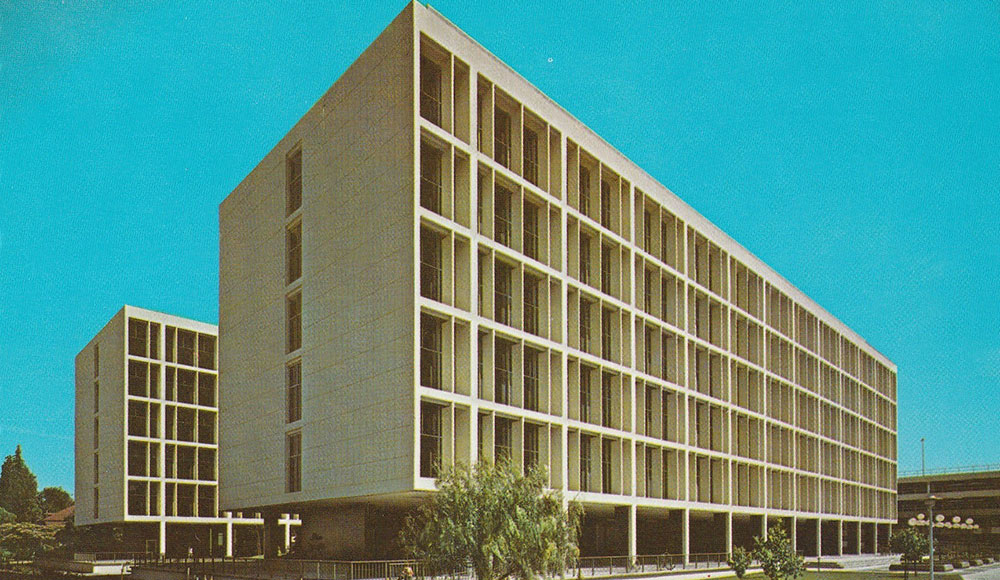 Postcard of a large mid-century modern building