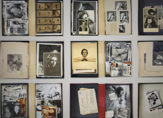Array of archival photographs and documents laid out on a grid