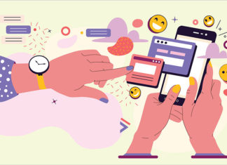 Illustration of hands with electronic devices