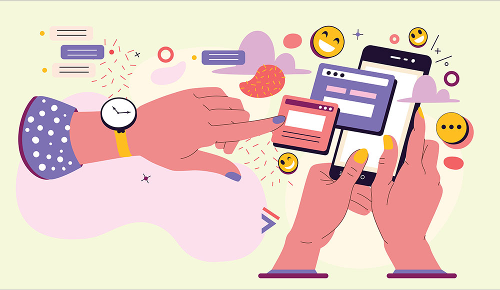 Illustration of hands with electronic devices