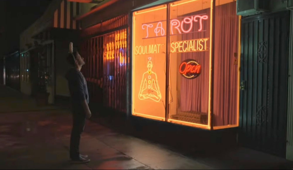 Movie still of a tarot reading shop