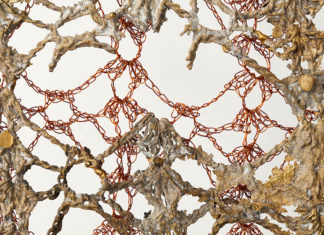 Detail of sculpture made of cast bronze and crocheted copper wire
