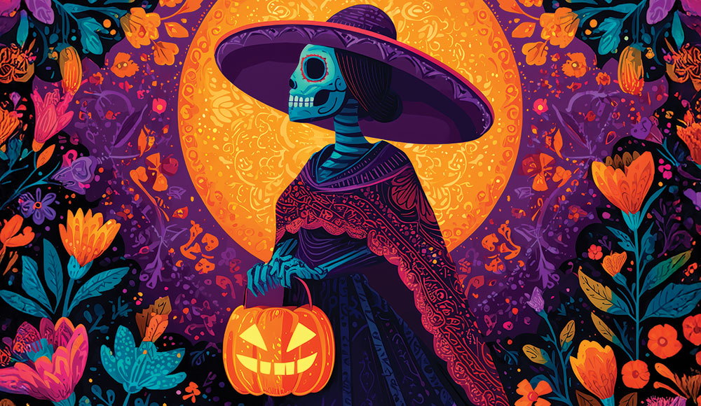 Illustration of La Catrina trick-or-treating