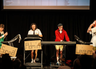 Four performers on a stage, running on treadmills