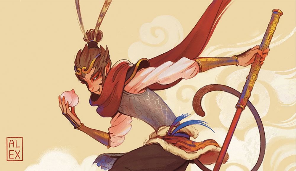 Illustration of a humanoid monkey hybrid dressed in fancy garb