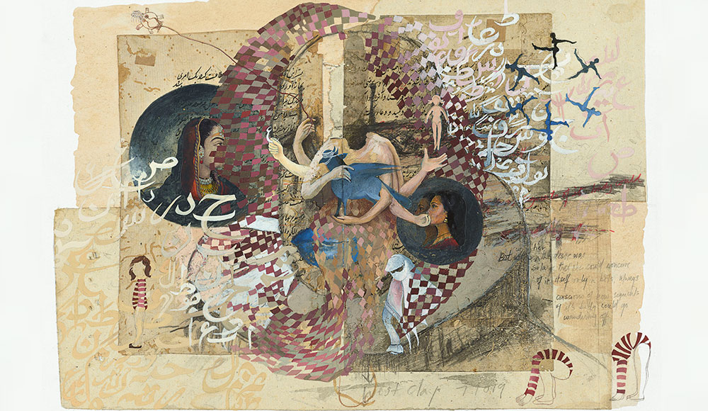 Collage of images that evoke South Asian art forms with more abstract images as well