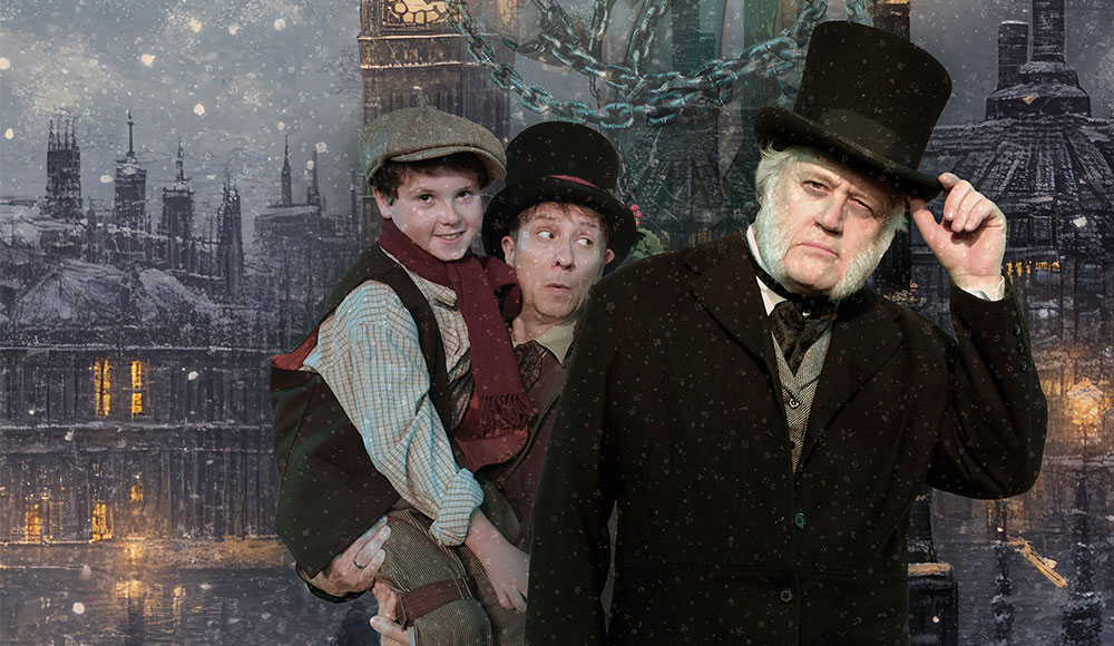 Three people in Victorian clothing against a backdrop that looks like London