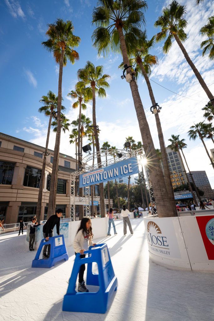 Young people skating in an urban ice rink